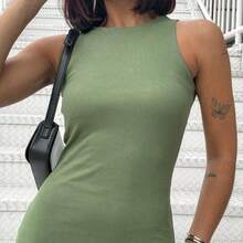 BLOGGER'S SHORT RIBBED TANK TOP DRESS FOR WOMEN - màu xanh lá - Xem 2