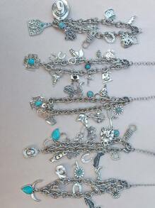 1 件西式吊坠手链、1 件西式帽子马蹄仙人掌手链、1 件西部牛仔风格闪电地图手链、1 件西式绿松石手链