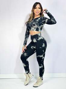 Women's Premium Tie Dye Set Long Sleeve Top And Butt Lifting Leggings High Waisted Gym Workout Polyamide With Finger Fitness - Black - View 1