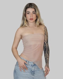WOMEN'S BASIC ASYMMETRICAL CROPPED TUBE TOP, STRAPLESS, SUMMER, STRAP-ON, AITONA LINING - Beige - View 2