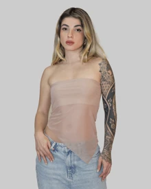 WOMEN'S BASIC ASYMMETRICAL CROPPED TUBE TOP, STRAPLESS, SUMMER, STRAP-ON, AITONA LINING - Beige - View 1