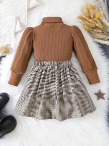 2pcs Young Girl Long Sleeve Knit Pullover + Houndstooth Skirt Set Young Girl Clothes Party Gift - Brown - View 2