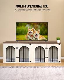 HEXCELEN Dog Crate Furniture, Dog Cage, 71" Heavy Duty Dog Kennels With Divider, Pads, Side Table, TV Cabinet, Wooden Dog Crate Furniture For 2 Dogs, Small/Medium/Large Dog, Anti-Chew, Anti-Escape,  Dog House, White Brown - 白色 棕色 - 查看 2