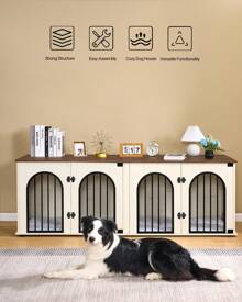HEXCELEN Dog Crate Furniture, Dog Cage, 71" Heavy Duty Dog Kennels With Divider, Pads, Side Table, TV Cabinet, Wooden Dog Crate Furniture For 2 Dogs, Small/Medium/Large Dog, Anti-Chew, Anti-Escape,  Dog House, White Brown - 白色 棕色 - 查看 1