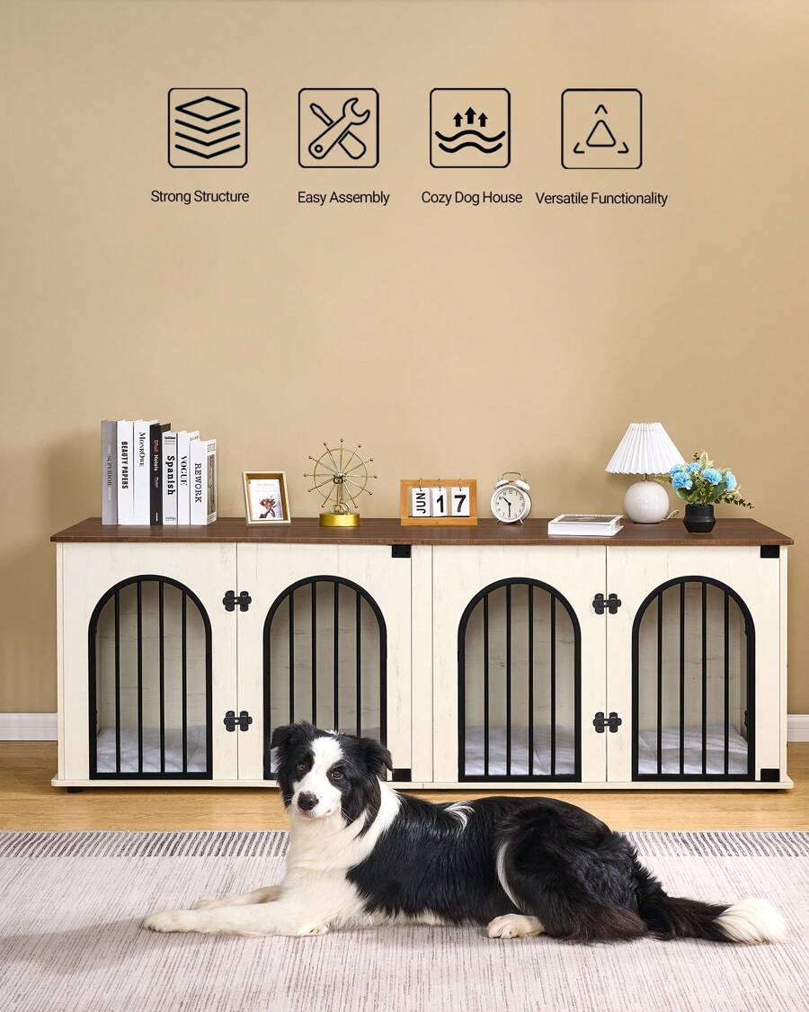 HEXCELEN Dog Crate Furniture, Dog Cage, 71" Heavy Duty Dog Kennels With Divider, Pads, Side Table, TV Cabinet, Wooden Dog Crate Furniture For 2 Dogs, Small/Medium/Large Dog, Anti-Chew, Anti-Escape,  Dog House, White Brown - 白色 棕色 - 查看 1