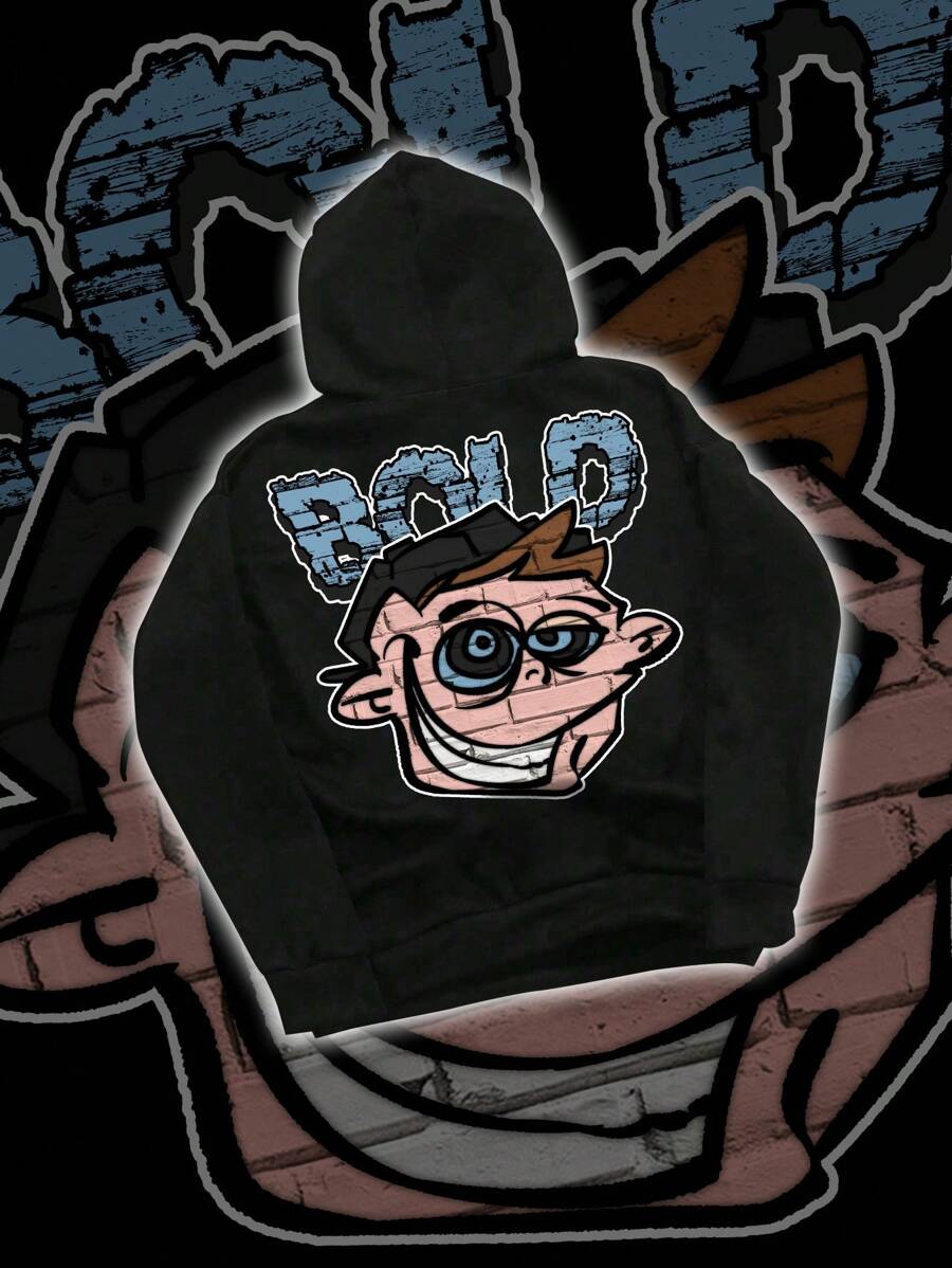 Moletom com capuz masculino engraçado e moderno com estampa de desenho animado - Preto - Ver 1