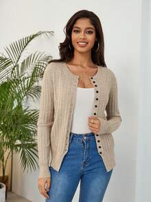 AAmilife Áo len dệt kim dệt kim có nút tương phản cổ tròn họa tiết rắc rối cho nữ - Màu be - Xem 4