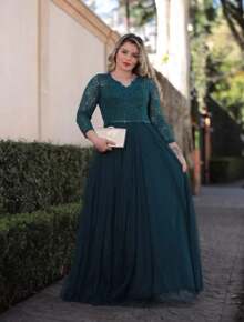 Evangelical Mother Of The Bride Dress, Discreet, LONG Sleeve, Olive, Navy, Rose, Marsala, Royal, Terracotta, Lilac, Serenity, Tifany Blue Or Petrol - 墨綠色 - 查看 1