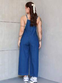 Women's Denim Overalls With Adjustable Straps - Dark Wash - View 2