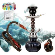 2 Hose Hookah Set, 11" Glass Hookah Shisha With Stable Glass Vase Base Tips And Foil Covers, Ready Gift