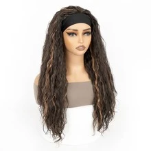 Tóc giả đội đầu nổi bật 26 inch cho phụ nữ Tóc giả đội đầu xoăn màu nâu tổng hợp cho phụ nữ Tóc giả không cần keo làm bằng máy Tóc giả đội đầu xoăn dài - Màu nâu highlight - Xem 5