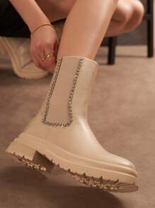Camel Rhinestone Chelsea Boots – Chic Chunky Flat Boots - Beige - View 3