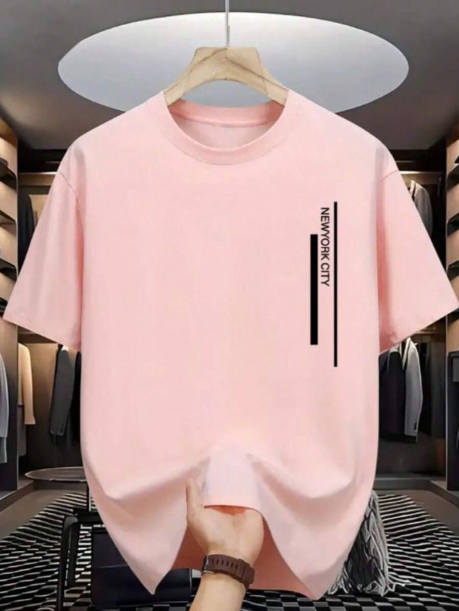 Men's 100% Cotton T-Shirt NewYork City Printed Shirt Basic Casual Blouse New Arrival - 淺粉色 - 查看 1