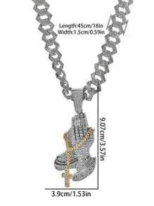 Conjunto con colgante en forma de cruz y mano rezando con piedras de rhinestone brillante. Joyería duradera de zinc en color dorado y plateado, accesorios de regalo para hombres y mujeres en días festivos - collar de oración - Ver 2