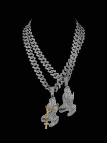 Conjunto con colgante en forma de cruz y mano rezando con piedras de rhinestone brillante. Joyería duradera de zinc en color dorado y plateado, accesorios de regalo para hombres y mujeres en días festivos - collar de oración - Ver 3