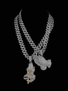 Conjunto con colgante en forma de cruz y mano rezando con piedras de rhinestone brillante. Joyería duradera de zinc en color dorado y plateado, accesorios de regalo para hombres y mujeres en días festivos - collar de oración - Ver 4