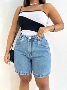 Bermuda Jeans Women's Basic Denim Shorts With Pocket Best Quality - 中等水洗藍 - 查看 4