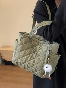 New Fashion Large Capacity Diamond Grid Dual Handle Shoulder Tote Bag, Lightweight And Easy To Carry, Women's Wallet, Suitable For Summer Outdoor Travel, Decorated With Animal Pendant, Essential Travel Backpack - Green - View 3
