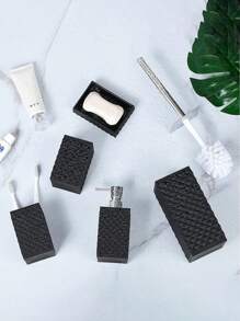 Bộ 5 món/bộ phụ kiện phòng tắm bằng Acrylic trong suốt không gỉ, đồ dùng vệ sinh có thể tái sử dụng - Bao gồm hộp đựng xà phòng, giá để bàn chải đánh răng, cốc, đĩa đựng xà phòng và cọ bồn cầu Trang trí phòng tắm gia đình Mùa hè trở lại trường - màu đen - Xem 4