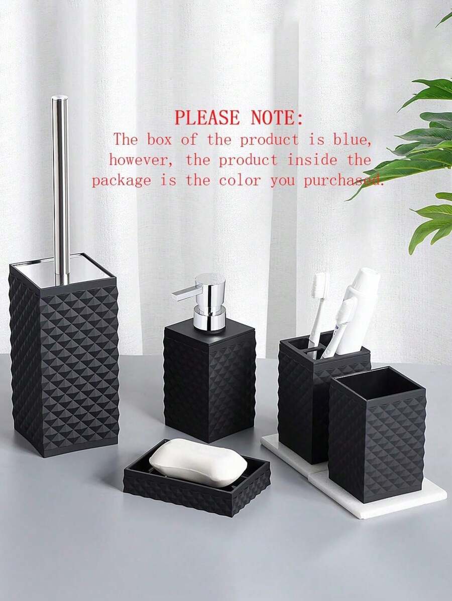 Bộ 5 món/bộ phụ kiện phòng tắm bằng Acrylic trong suốt không gỉ, đồ dùng vệ sinh có thể tái sử dụng - Bao gồm hộp đựng xà phòng, giá để bàn chải đánh răng, cốc, đĩa đựng xà phòng và cọ bồn cầu Trang trí phòng tắm gia đình Mùa hè trở lại trường - màu đen - Xem 1