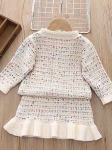 2 件年轻女孩复古风格优雅纹理珍珠纽扣开衫和针织中长裙套装，柔软触感长袖，适合春季、秋季、冬季拍摄、度假、派对 - 白色 - 查看 2