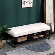 Banco con repisa de metal tapizado en sherpa blanco con diseño acolchado tipo , otomana para los pies en el dormitorio, sala de estar, entrada (Blanco) - Blanco + Sherpa + Espuma - Ver 2