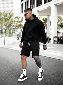 Sudadera con capucha de manga larga y pantalones cortos de unicolor, conjunto de 2 piezas para hombre, primavera y otoño - Negro - Ver 1