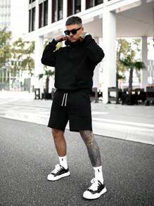 Sudadera con capucha de manga larga y pantalones cortos de unicolor, conjunto de 2 piezas para hombre, primavera y otoño - Negro - Ver 9
