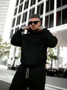 Sudadera con capucha de manga larga y pantalones cortos de unicolor, conjunto de 2 piezas para hombre, primavera y otoño - Negro - Ver 2