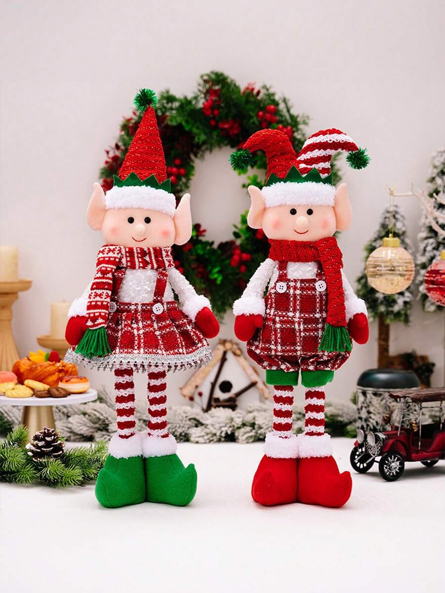 1 pieza Decoración telescópica de hada de Acción de Gracias, decoraciones navideñas creativas, decoración de adorno, decoración telescópica de doble cuerno rojo y verde, de pie en la ventana, escenario de escritorio de restaurante, mejor regalo para decoración del hogar de ambiente festivo - Multicolor - Ver 1