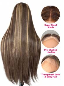 亮点蕾丝前假发，蜂蜜金色蕾丝前假发，预拔，可直接佩戴，无胶 13X5X1 合成蕾丝前假发 30 英寸，富有表现力的蜂蜜棕色假发 - 挑染棕色 - 查看 5