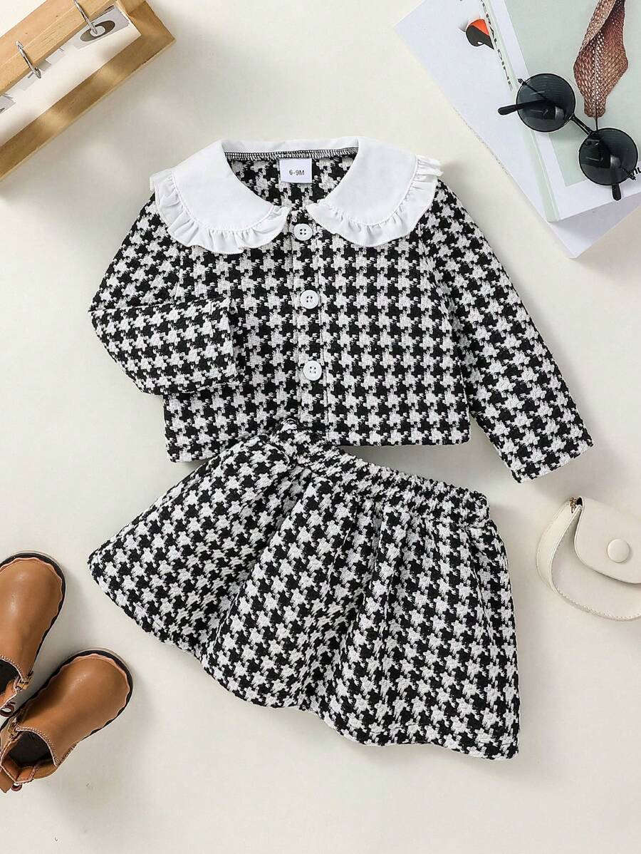 Bộ 2 áo crop top tay dài kẻ caro cổ bèo nhún họa tiết hoa thường ngày cho bé gái và chân váy caro - màu đen - Xem 1