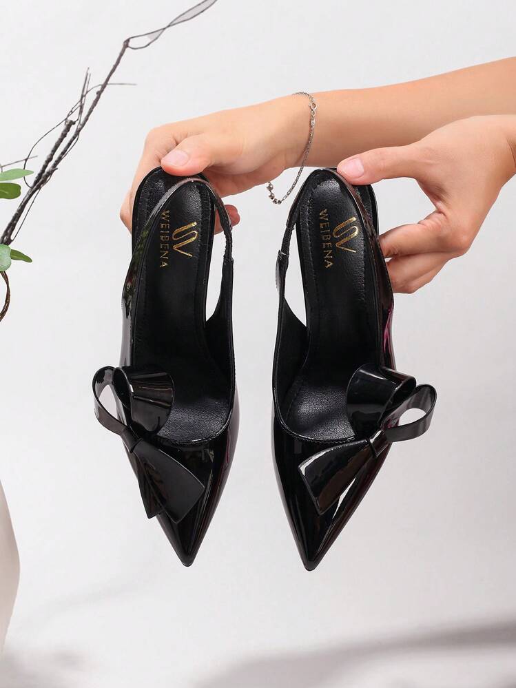 2025秋冬季女士黑色亮面PU皮尖头凉鞋，蝴蝶结装饰，超高跟，情人节，优雅，女士高跟鞋，优雅，派对装扮 - 黑色 - 查看 3