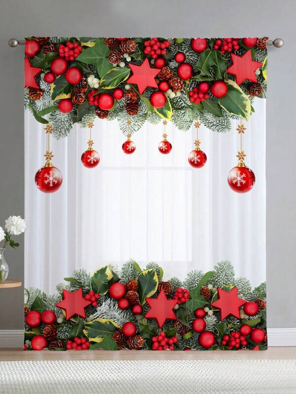 1 bucată perdea decorativă de Crăciun cu baloane roșii, stea, conuri de pin potrivite pentru living, dormitor, bucătărie Decor de vacanță