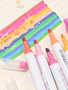 1 Box Of 6pcs Creative Dual-Tip Magic Color Changing Fluorescent Highlighter Pens For Students To Color And Doodle, Color Changing Dual-Tip Overlay - Multicolor - View 1