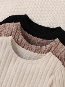 3pcs/Set Young Girls' Solid Ribbed Minimalist Elegant Dress - Apricot - View 3