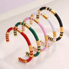 1 chiếc vòng tay thép không gỉ sọc nhiều màu phong cách Bohemian với lớp men nút tre cổ điển hình chữ C dành cho phụ nữ đeo hàng ngày - Nhiều màu - Xem 9