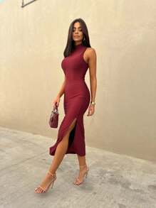 MILITARY GREEN MARSALA MIDI DRESS WITH SIDE SLIT - 紅木色 - 查看 3