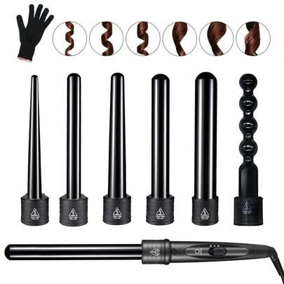 Plancha Rizadora 6 En 1 Set, Profesional Ceramic Curling Wand Set con 6 tubos de pelo de cerámica intercambiables y guantes de protección térmica, varitas rizadoras de cerámica intercambiables de 0.35in1 a 1.25in1 de diámetro, Regalos de peluquería para mujeres (Negro) barberia