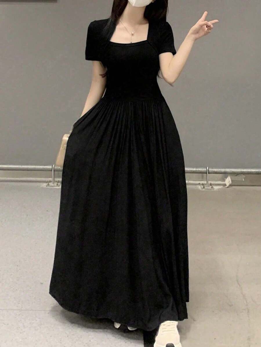 女式纯色方领修身连衣裙 - 黑色 - 查看 1