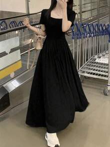 女式纯色方领修身连衣裙 - 黑色 - 查看 3