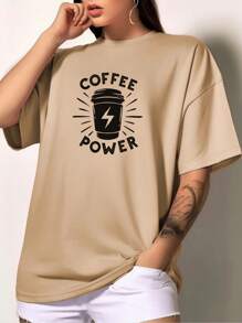 Women's Oversized T-Shirt With Coffee Power Print Fashion Launch - 米色 - 查看 1