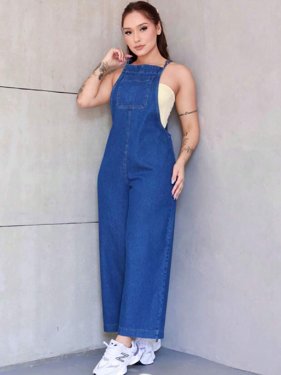 Women's Denim Overalls With Adjustable Straps - Dark Wash - View 1