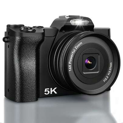 Nicamery 5K 数码相机，带 WiFi、自动对焦、Vlogging 48MP 相机用于摄影和视频、3.5 英寸屏幕旅行相机，带紫外线滤镜、防抖、16 倍数码变焦、32GB SD 卡、2 块电池