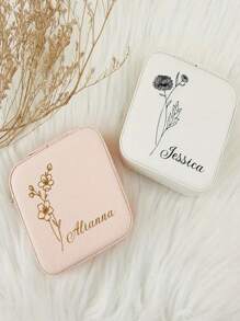 1pc Personalized Leather Jewelry Box Engraved Name & Birth Flower Perfect Gift For Valentine's Day, Bridesmaid Or Mothers
