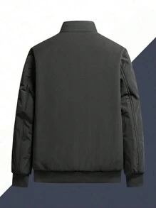 男士加大码长袖休闲商务风衣外套，简约立领 - 黑色 - 查看 2