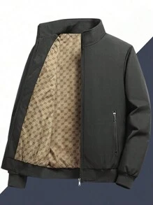 男士加大码长袖休闲商务风衣外套，简约立领 - 黑色 - 查看 1