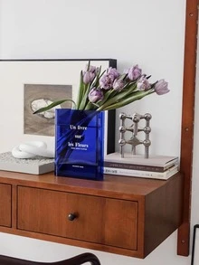 Transparent Book Shaped Flower Vase, Decorative Clear Glass Floral Container, Table Centerpiece, Plant Pot, Bud Vase - Blue - View 4