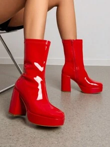 Women's Chunky Platform Mid-Calf Boots Waterproof Square Toe Fashionable Lightweight Comfort Elegant Bright Solid Color Side Zipper Classic For Parties Dress Festival Ankle Go Go Red Boots - 紅色 - 查看 3