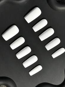 DIY 10 件 L 方形管状 Y2K 美学霓虹白假指甲套装，手工制作的方形假指甲装饰，适合女士和女孩派对、节日、日常佩戴，包括美甲工具 - 白色 - 查看 3